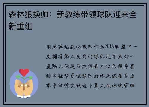 森林狼换帅：新教练带领球队迎来全新重组