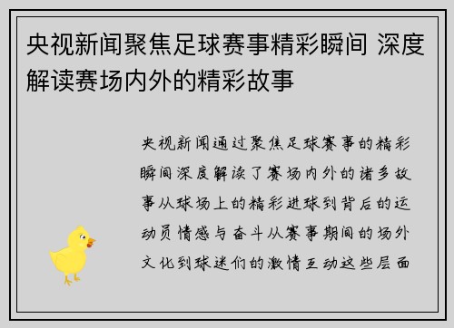 央视新闻聚焦足球赛事精彩瞬间 深度解读赛场内外的精彩故事
