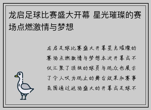 龙启足球比赛盛大开幕 星光璀璨的赛场点燃激情与梦想