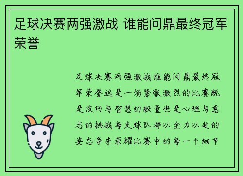 足球决赛两强激战 谁能问鼎最终冠军荣誉