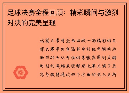 足球决赛全程回顾：精彩瞬间与激烈对决的完美呈现