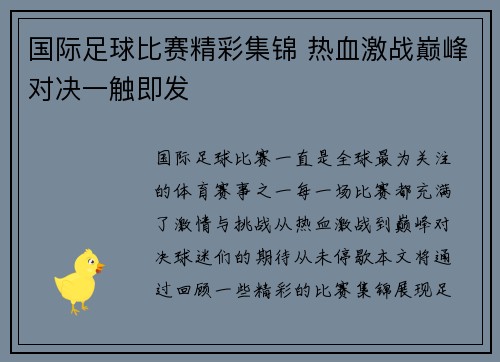 国际足球比赛精彩集锦 热血激战巅峰对决一触即发