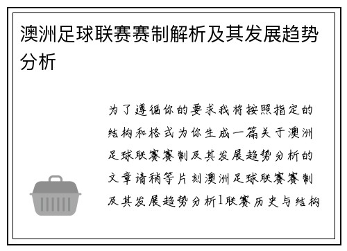 澳洲足球联赛赛制解析及其发展趋势分析