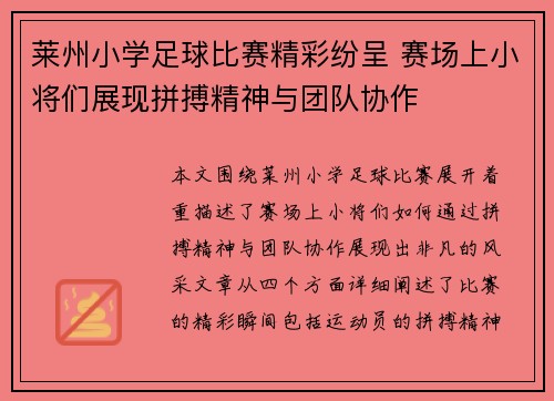莱州小学足球比赛精彩纷呈 赛场上小将们展现拼搏精神与团队协作