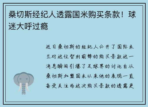 桑切斯经纪人透露国米购买条款！球迷大呼过瘾
