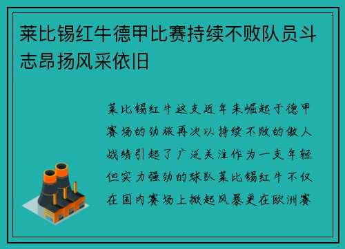 莱比锡红牛德甲比赛持续不败队员斗志昂扬风采依旧
