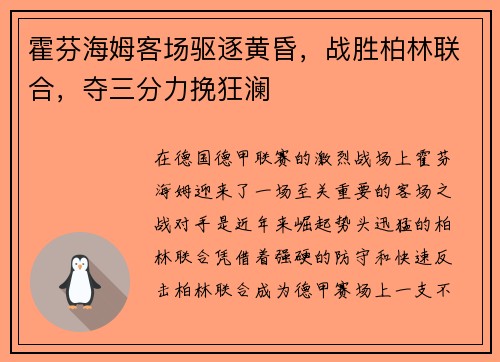 霍芬海姆客场驱逐黄昏，战胜柏林联合，夺三分力挽狂澜