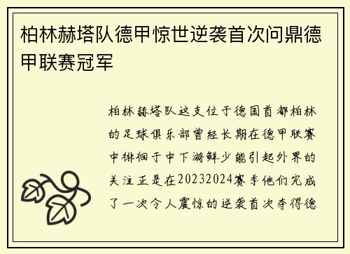 柏林赫塔队德甲惊世逆袭首次问鼎德甲联赛冠军