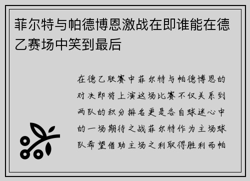 菲尔特与帕德博恩激战在即谁能在德乙赛场中笑到最后