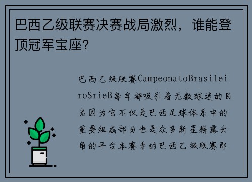 巴西乙级联赛决赛战局激烈，谁能登顶冠军宝座？