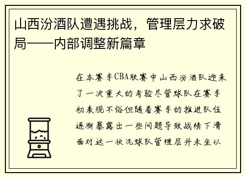 山西汾酒队遭遇挑战，管理层力求破局——内部调整新篇章